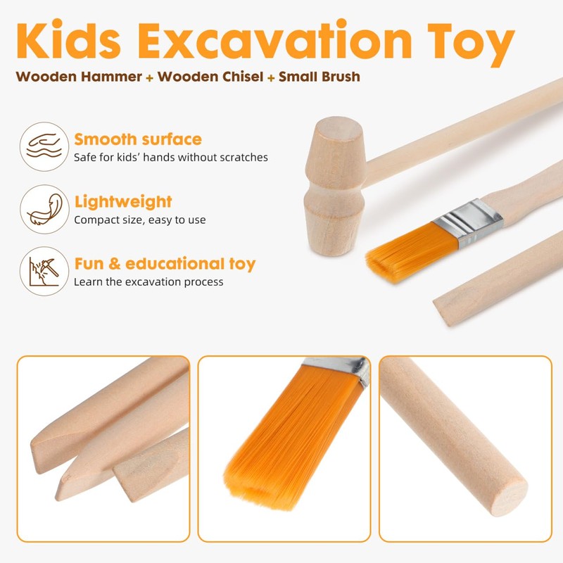 JOINPAYA Dinosaur Digging Tools Kit with Wooden Hammer Chisel Brush