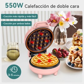SNAILAR Mini Waffle Maker, 550W Waffle Iron, Ready Indicator Light, Non Stick Coating, Cool Touch Handle, Compact Size, Pink