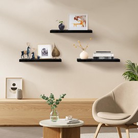 Upassion Black Floating Shelves for Wall Set of 3, 16" Black Wall Shelves for Home Decor, Frame Display Wall Mounted White Floating Shelf for Living Room, Bedroom, Bathroom, Kitchen