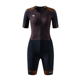 MY KILOMETRE Women's Triathlon Suit – Quick-Drying Sleeved One-Piece Tri Suit with Full Lock Front Zip and UPF 50+ for Swimming, Cycling, Running (Brown M)