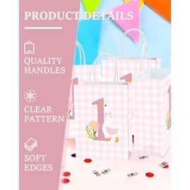 16 Pcs Goose 1st Birthday Goodie Bag,Pink Gingham Goose 1st Bday Gift Snacks Treat Candy Party Favors Bags for Girls First Birthday Party Decorations Supplies