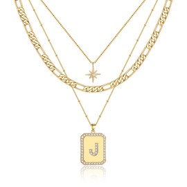 MJartoria Layered Initial Necklaces for Women Trendy, 14K Gold Plated Simple Star Choker Square Letter Pendant Necklace, Figaro Chain Gold Necklaces Jewelry Gifts (Gold, J-Figaro Chain)