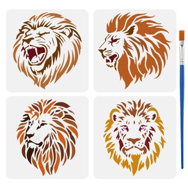 FINGERINSPIRE 4Styles Lion Head Pattern Stencils with a Brush 15x15cm Various Lion Face Painting Stencils Male Lions Drawing Stencil PET Animal Themes Roaring Lions Template for Wood Wall Floor