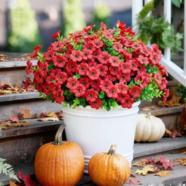 12 Bundles Red Fake Flowers for Outdoors, Realistic Fake Flowers Silk Plants Daisy,for Outside Porch Patio Garden UV-Resistant Artificial Flowers All Season Home Decor