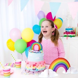 WILLBOND 4 Pieces Rainbow Honeycomb Paper Centerpiece Rainbow Party Table Decoration Cloud No Crease Converting Centerpieces for Tables Christmas Birthday Party