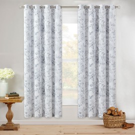 Beauoop Floral 100% Blackout Curtains 72 Inches Long 2 Panels for Bedroom Living Room Grey White Farmhouse Rose Flower Patterned Room Darkening Thermal Grommet Top Window Treatments Drapes, 50X72
