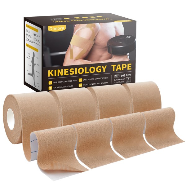 Dimora Uncut Kinesiology Tape - 4 Rolls Pure Cotton Elastic Athletic Tape 65.6 ft in Total, Medical Grade Adhesive Sports Tape for Muscle Pain Relief and Joint Support, Beige