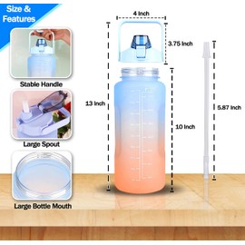 Botella de Agua Motivacional de 2 Litro, Botella de Agua con Popote 2000 ML, Asa de Transporte, Boca Ancha, Sin BPA, Prueba de Fugas, Perfecta para Gimnasio, Trabajo, Escuela y Oficina (Azul-Naranja)