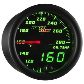 MaxTow Double Vision 280 F Oil Temperature Gauge Kit - Includes Electronic Sensor - Black Gauge Face - Green LED Illuminated Dial - Analog & Digital Readouts - for Trucks - 2-1/16" 52mm