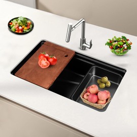 Black Kitchen Sink, 29.5" x 17.7" Undermount Workstation Sink, Drop-in Single Bowl Bar Sink, 304 Stainless Steel with Chopping Board & Accessories, Deep 8.8" Basin, Sound-Absorbing Design