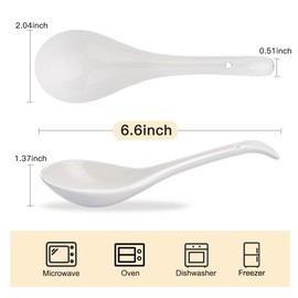 CHILDIKE Ceramic Asian Soup Spoons, White Pocelain Chinese/Japanese Soup Spoons for Cereal, Ramen Pho 6.6 Inch, Set of 6 - Deep Oval Hook Design