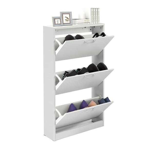 HOPUBUY Shoe Cabinet for Entryway, White Narrow Shoe Storage Cabinet Flip Down Shoe Rack Wood 3 Tier Shoe Organizer for Home and Apartment