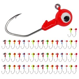 UperUper 50pcs Fishing Jig Head Hooks kit, Round Ball Fishing Jigs Head with 3D Eyes Carbon Steel Jig Hooks for Soft Lures Freshwater Saltwater Bass Fishing 1/8oz 1/6oz 1/4oz 1/16oz 1/35oz