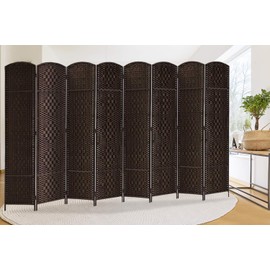 RHF 6 Ft. Tall Extra Wide-Diamond Weave Fiber Room Divider, 8 Panel Room Divider/Screen,Room Dividers And Folding Privacy Screens 8 Panel&Room Dividers And Folding Privacy Screens-Dark Coffee, 8 Panel