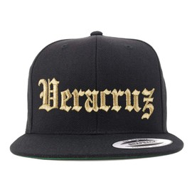 Trendy Apparel Shop Old English Veracruz Gold Embroidered Flatbill Snapback Baseball Cap- Black