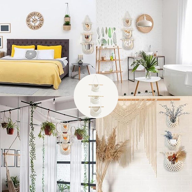 YANJIY Wall Hanging Fruit Basket, Woven Hanging Bag, 3-Tier Hanging