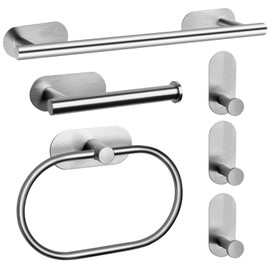 JiGiU Self Adhesive Towel Bar, Bathroom Hardware Set Include 16-Inch Bath Towel Bar,Toilet Paper Holder Towel Ring & 3 Packs Towel Hooks Stainless Steel Wall Mount No Drill Sticky on Towel Holder Kit