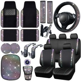 CAR PASS 23 PCS Bling Car Accessories Set for Women, Leather Car Seat Covers Full Set Sparkly Rhinestone15'' Steering Wheel Covers Shining Diamond Car Floor Mats Car Interior Sets, Multicolor Diamond
