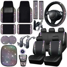 CAR PASS 23 PCS Bling Diamond Car Accessories Set for Women, Leather Car Seat Covers Full Set Sparkly Rhinestone15'' Steering Wheel Covers Shining Diamond Floor Mats Car Interior Sets, Multicolor