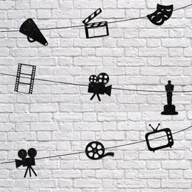 Y 9pcs Black Glitter Silhouette Banner for Movie Night Movie Prop Theme Party Background Decorations Men Women Boys Girls Birthday Anniversary Party Decor Supplies