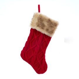 Kurt Adler 20.5 Inch Cable Knit Red Stocking with Brown Faux Fur Cuff