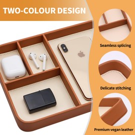 HPGJLEE PU Leather Valet Tray, Stylish and Organized Entryway Bedside Desk Tray, EDC Catchall Tray for Phone Keys Watch Wallet Jewelry (Brown)