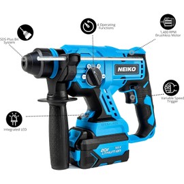 NEIKO 10882A Cordless Rotary Hammer Drill, Includes 20-Volt Li-ion Rechargeable Battery, Fast Charger, SDS Plus Hammer Drill, Heavy Duty Brushless Demolition Hammer, Cordless Hammer Drill, Rotohammer