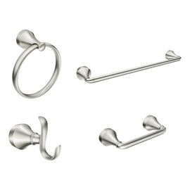 Moen Wellton Brushed Nickel 4-Piece Bathroom Accessory Collection, Includes Towel Ring, Robe Hook, Towel Bar, and Pivoting Toilet Paper Holder, Y1394BN