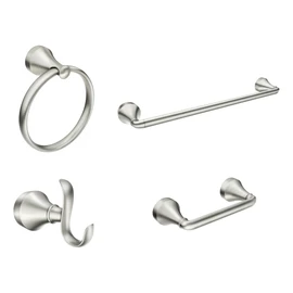 Moen Y1394BN Wellton 4-Piece Bathroom Accessory Set, Brushed Nickel, Includes 18" Towel Bar, Towel Ring, Robe Hook, and Pivoting Toilet Paper Holder