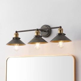 JONATHAN Y JYL7428D Industrial Vanity Light, 3-Light 26.5" Modern Farmhouse Wall Sconce with Metal Cone Shade, Rustic Dark Gray and Brass Gold Bathroom Light Fixture Over Mirror, Powder Room, Kitchen