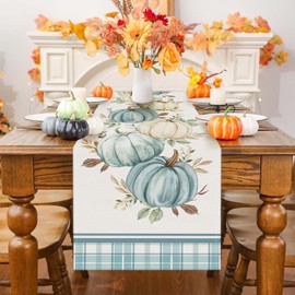 Bonhause - Camino de mesa de calabazas azules otoñales, hojas de eucalipto, 13 x 90 pulgadas, diseño a cuadros de búfalo para otoño, Acción de Gracias, cocina, comedor, decoración para interiores y
