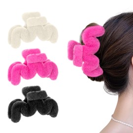 Yonchic 3-Piece Faux Fur Hair Clips for Women Girls, Large Plush Claw Clip for Thin Thick Long Hair, Soft Fuzzy Non-Slip Hair Accessories (Black & White & Red)