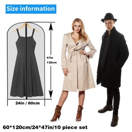 Garment Protector Bags 10 Pack - Moth-Proof Waterproof Dustproof Cover, 47in/120cm Long Zippered Closure for Suits Dresses Coats, Travel & Storage Clothing Covers (Set of 10)