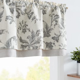 jinchan Linen Valance Curtain Farmhouse Window Decor Gray Floral Print Valance for Kitchen Living Room Double Layer Blackout Valance 18 Inches Rustic Window Treatment 1 Panel Rod Pocket Grey on Beige