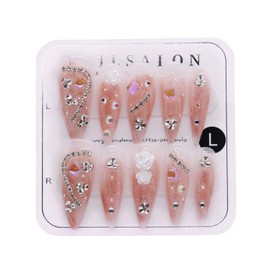 CAMILCY Handmade Nails Press on Long pointed tip Pink Hand Painted Reusable Gel UV Finished Pre Shaped False Nails for Women 10pcs 3D Glitzadora Handmade Nails (B04, M)