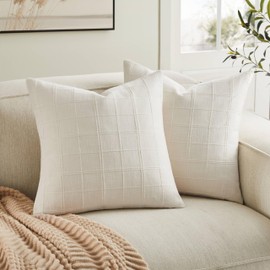 ZeeMart Linen Checked Throw Pillow Covers Set of 2, 16x16 Inch Ivory/Cream, Farmhouse Decorative Single Sided Grid Embroidered Couch Pillow Cases Off White Cotton Linen Cushion Covers