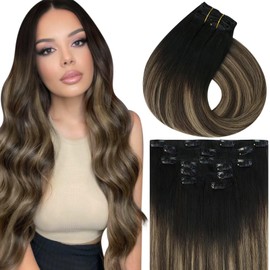 Vivien Balayage Clip-In Extensions, Ombre, Natural Black to Dark Brown with Ash Blonde, Ombre, #1B/4/18, Real Hair Extensions, 35 cm, 100% Remy, 120 g, 7 Pieces