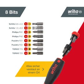 Wiha PocketMax Magnetic Screwdriver Set 8 Pieces with Stowable Bit Set (45292) I Magnetic Screwdriver Set 1/4 Inch with Bit Magazine I Slotted / Phillips / Pozidriv / Torx