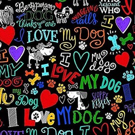 Timeless Treasures I Love My Dog Black/Multicolor Premium Quality 100% Cotton Fabric by 1/2 of a Yard.