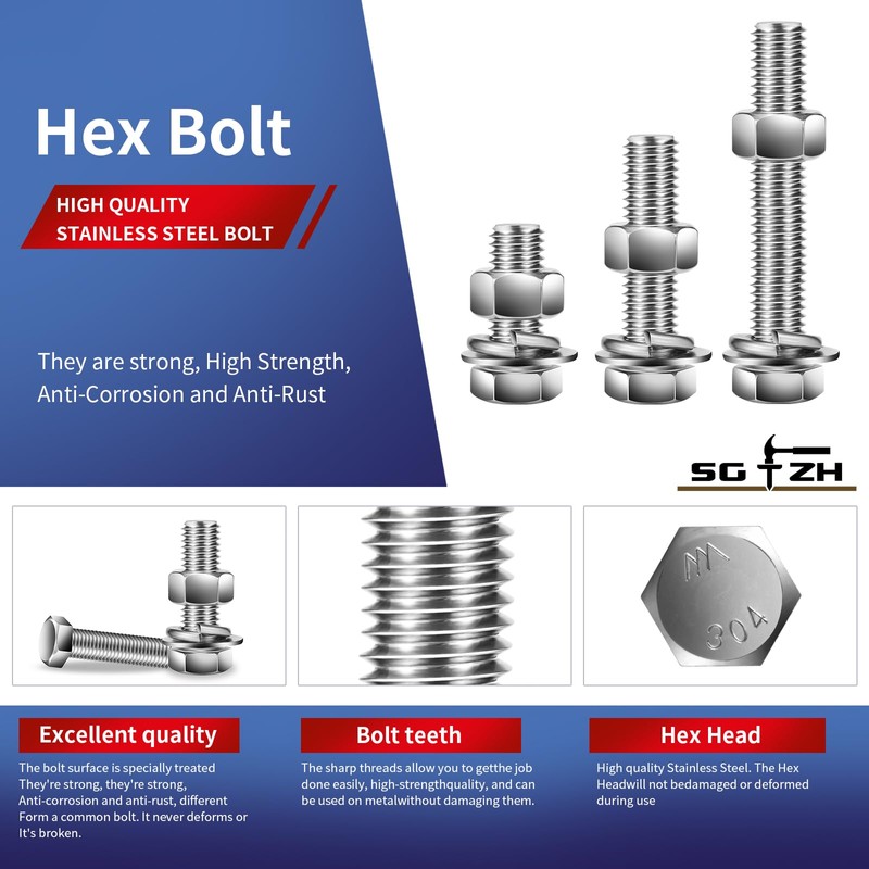 5/16-18 x 4" Hex Head Screw Bolt, Nuts, Flat &
