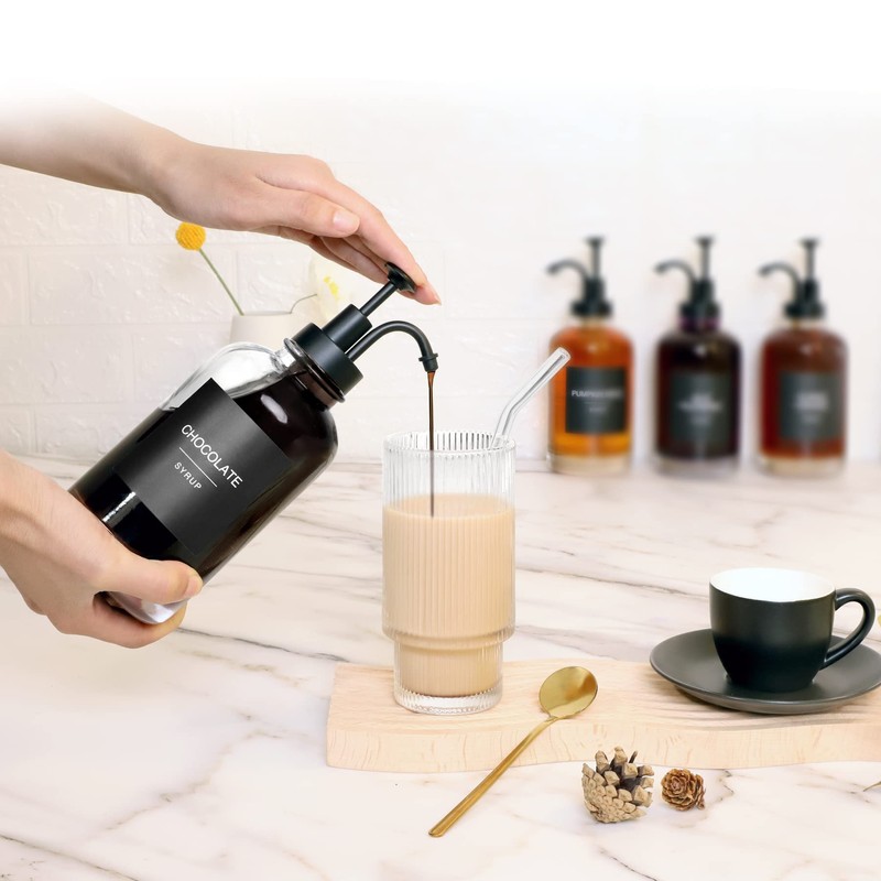 Glass Coffee Syrup Dispenser with 84 Labels (Set of 2),