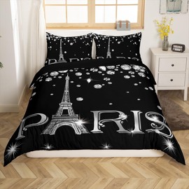 Erosebridal Paris Bedding Set for Girls Teens,Eiffel Tower Duvet Cover Queen,Black White Sparkles Sequins Comforter Cover Lightweight,Gradient Diamond Quilt Cover with 2 Pillow Shams Home Room Decor