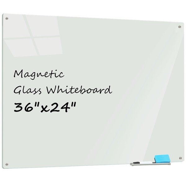 Magnetic Glass Dry Erase Whiteboard, 36 x 24 Inches Frameless