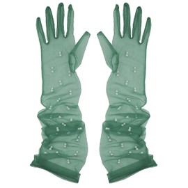 Aniler Women's 21'' Tulle Long Wedding Bridal Elbow Length Sheer Opera Party Gloves (Green Pearl, 21" Length)