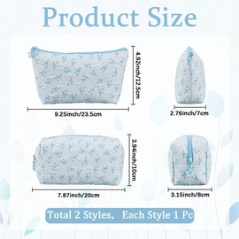 CABODYALS 2 Stück 2 Stile Hellblaues Make Up Taschen Set Mit Blumenmuster Süßer Blumen Reißverschluss Make Up Kosmetiktasche Tragbare Aufbewahrung Gesteppter Kulturbeutel Stoff Clutch Taschen Für Dame