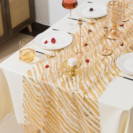 28In x 10 Ft Gold Table Runners, Sheer Chiffon Tulle Cheesecloth with Glitter Metallic Foil, Golden Sequin Gauze Runner for Wedding, Birthday, Baby Shower, Anniversary Party Decor, Striped