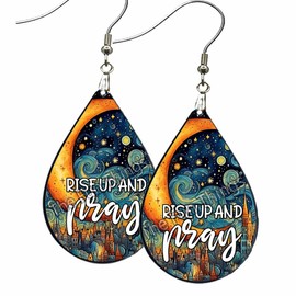 the fun things Starry Night Rise Up & Pray Religious Earrings NO TARNISH Wood Teardrop Dangle