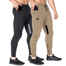 BROKIG Mens Gym Jogger Pants,Casual Slim Workout Sweatpants with Zipper Pockets Bodybuilding Athletic Pants(2 Pack-Black-Beige,Meidum)