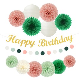 Sage-Green Pink Birthday Party-Decorations Paper-Flowers - 14pcs Happy Banner Spring Lanterns Tissue Pom Poms,Boho Streamers Garland Fans,Neutral Rustic Garden Office Hanging Supplies Decor Hugfond