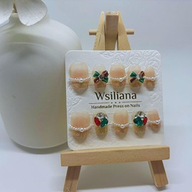 Wsliana Handmade Press On Nails Short- Cute Square Shape with 3D Charm Design, 10pcs Glue On Acrylic Fake Manicure with Storage Box (020, M)
